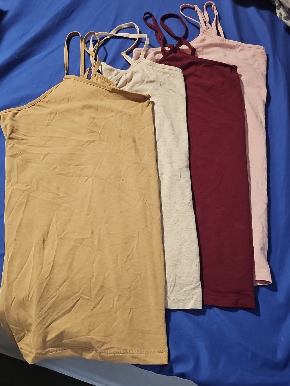 Women’s 4-Pack Spaghetti Strap Tank Tops — Mustard, Oat, Burgundy, Blush